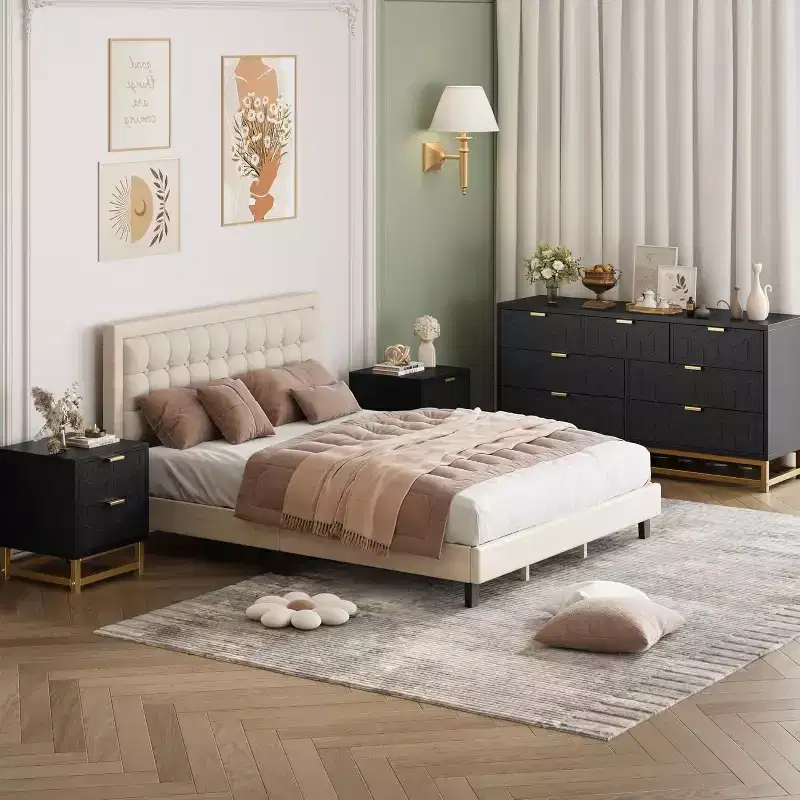 Acekool Drawer Dresser, 53.5 Wide Modern Chest with Fluted Front, Gold Handles & Metal Legs, Storage Organizer for Bedroom, Closet