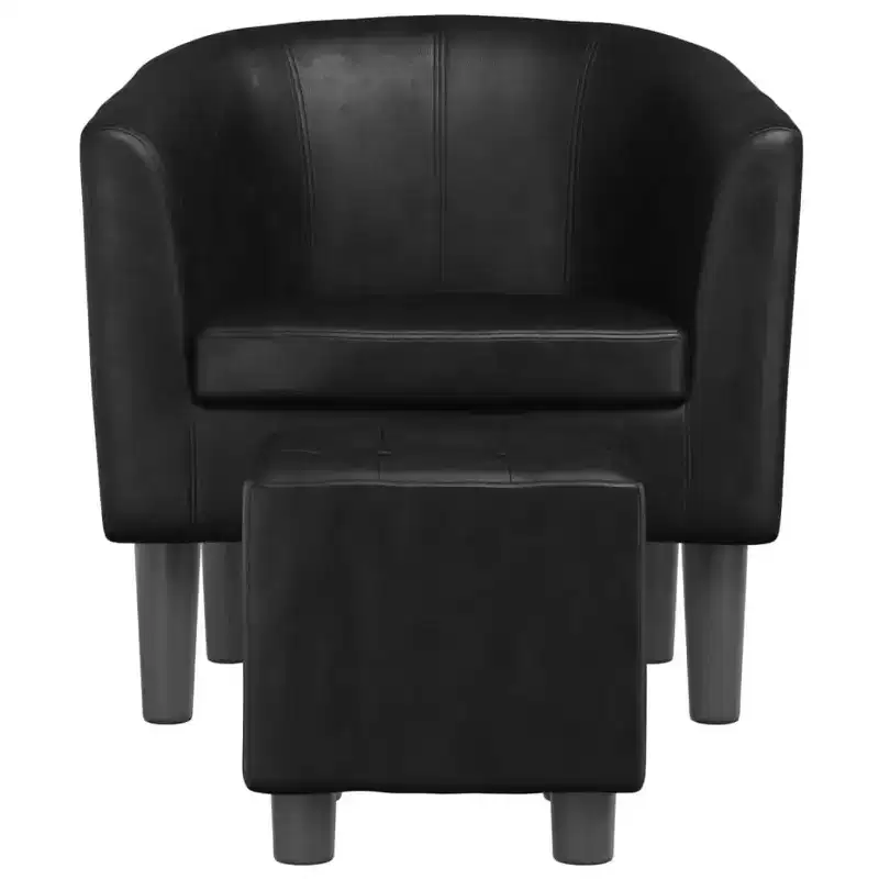 Modern Tub Chair with Footstool, Faux Leather Seating for Living Room, Bedroom, Guest Room or Office, Black