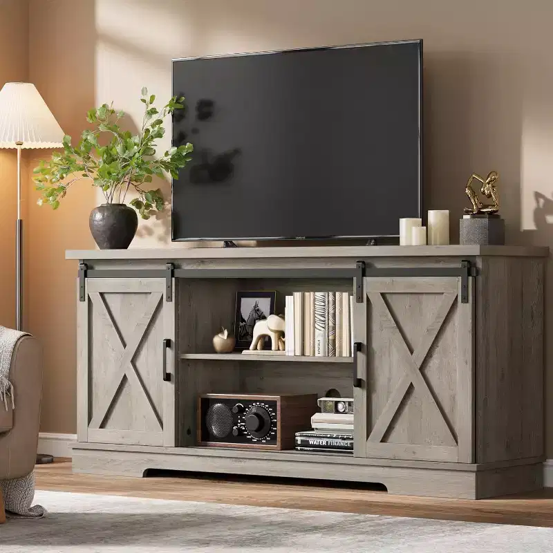 59 Farmhouse TV Stand for TVs Up to 65, Entertainment Center with Sliding Barn Doors, Adjustable Shelves, Media Console for Living Room, Bedroom