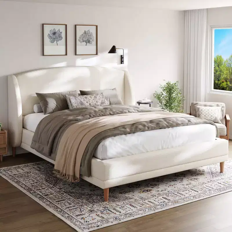 Christopher Knight Home Nicky Boucle Upholstered Platform Bed with Wingback Headboard, White