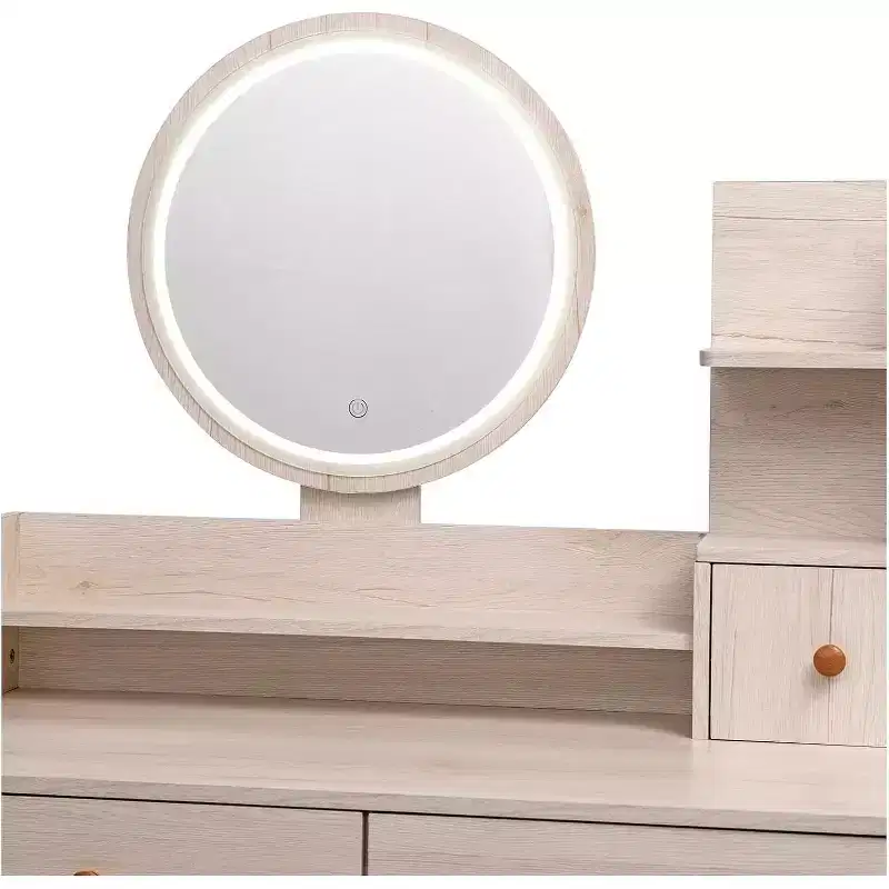 Modern Vanity Table and Stool Set - Touch Control LED Mirror with 5 Drawers for Bedroom and Dressing Room (White Oak)