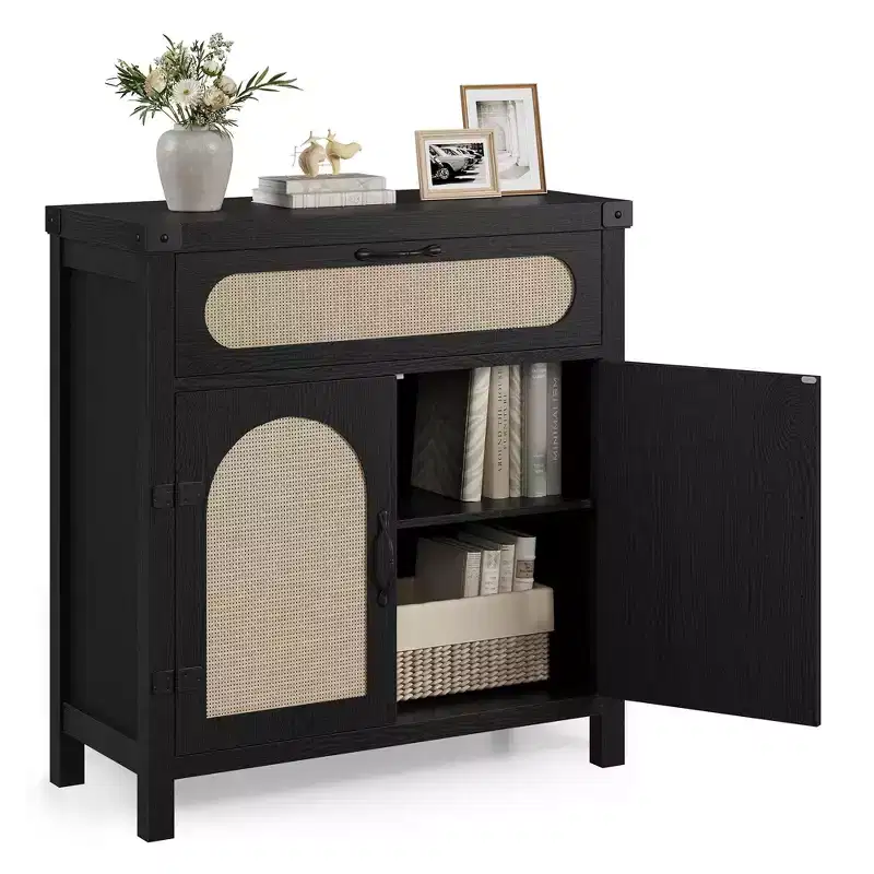 Rattan Accent Cabinet with Doors and Drawer, Boho Credenzas Buffet Table Console Coffee Bar Cabinets for Entryway Living Room,