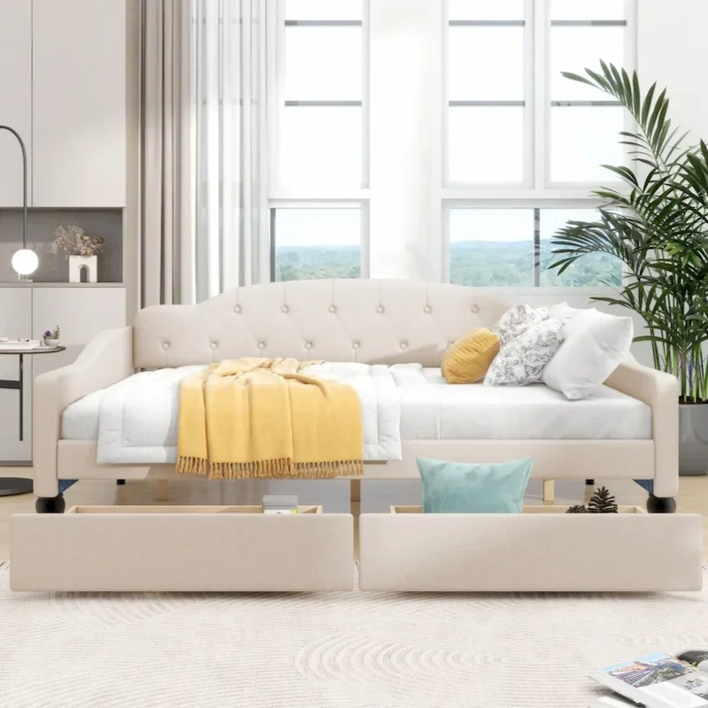 Beige Upholstered Tufted Daybed with 2 Drawers, Full Size, 1-Person