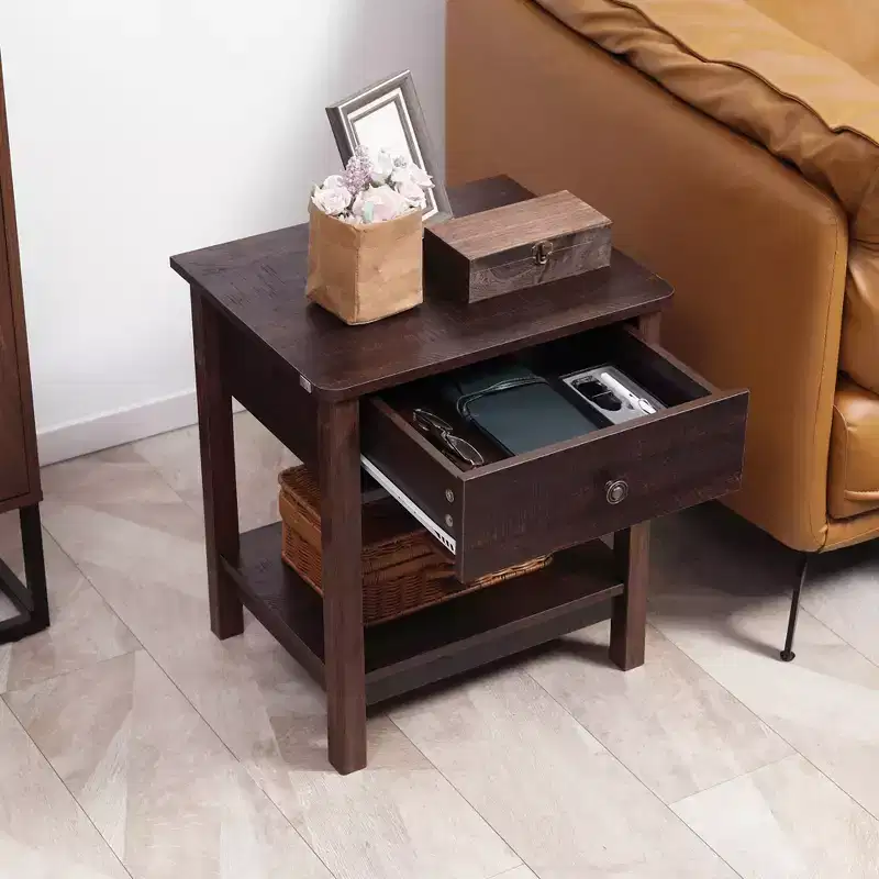 End Table with Drawer, Side Table with Top and Bottom Shelf for Small Spaces, Dark Brown