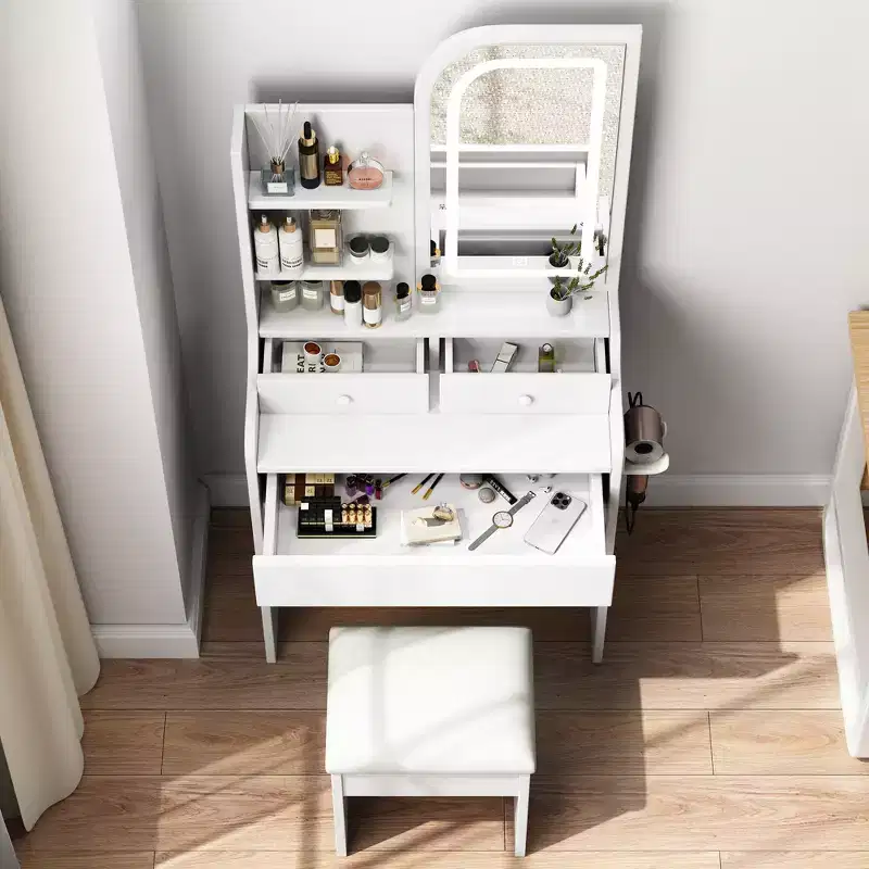 GDFStudio Draxen Modern Mirror Vanity Set with LED, Hair Dryer Holder, 3 Drawers and Open Shelves