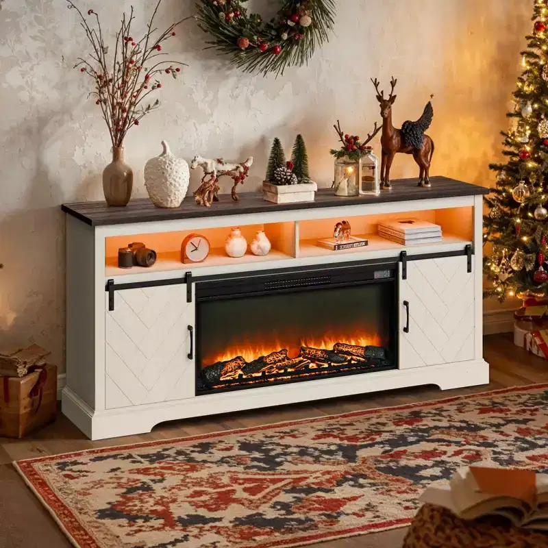 VEVOR Fireplace TV Stand,Farmhouse Fireplace TV Stand for TVs up to 80 inch, Farmhouse Entertainment Center with 36 inch Fireplace & LED Lights,White