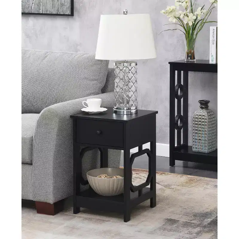 1-Drawer End Table with Octagon Side Design, Two-Tier Shelves and Pull-Out Drawer, Stylish Accent Table for Bedroom Storage