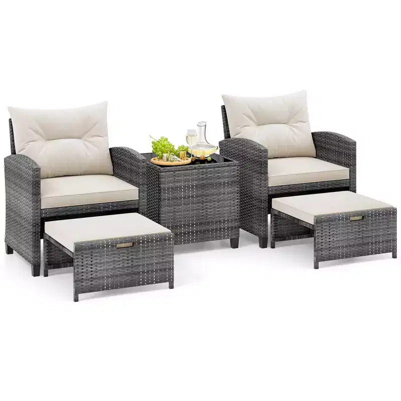 Costway 5 Piece Patio Rattan Furniture with 2 Ottomans & Tempered Glass Coffee Table Mix Gray + Turquoise/Off-White/Red/Brown/Gray/Navy/Black