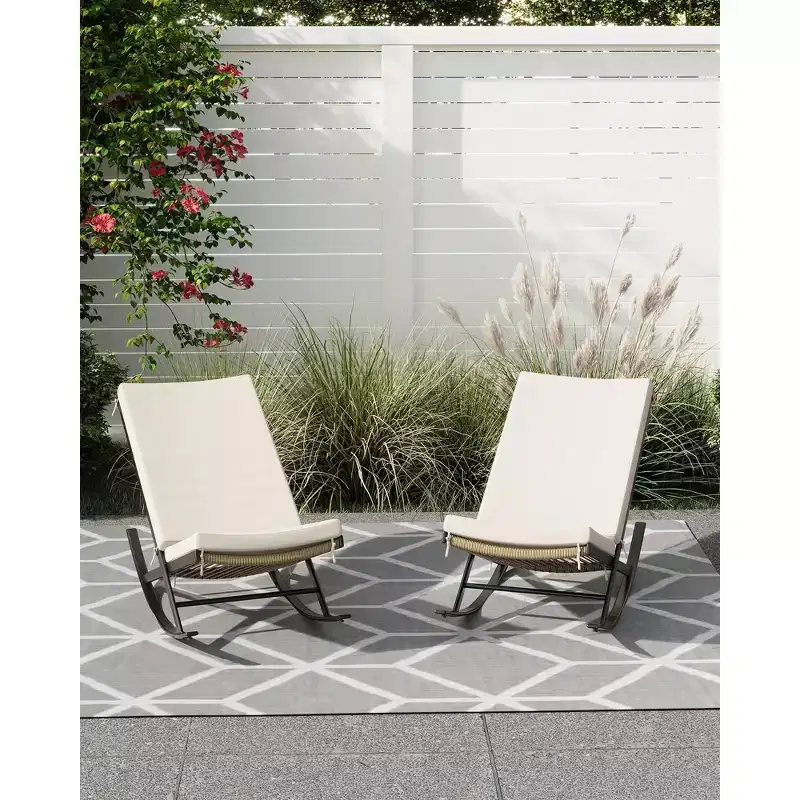 TROPOW Garden Rocking Chairs Set of 2, Outdoor Wicker Seaside Reclining Chair, Rattan Sun Lounger, Wicker Patio Poolside Lounger with Cushion