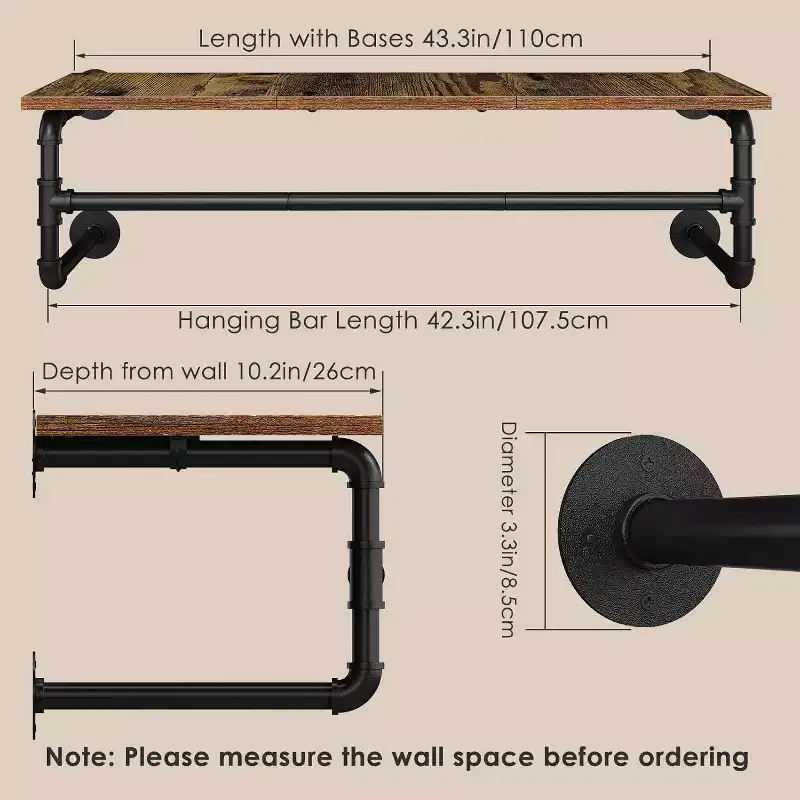 Home Collection Industrial Pipe Wall Mounted Clothes Rack with Top Shelf