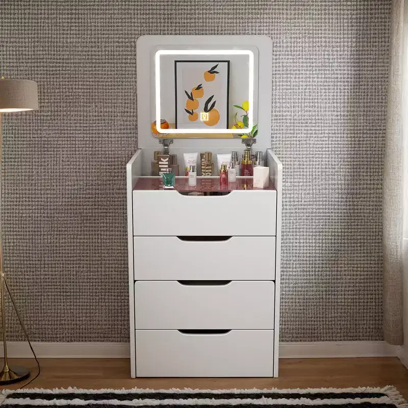 3-In-1 Vanity Table with Flip Top Mirror, Compact Vanity with Glass Desktop and Cushioned Stool, Vanity Desk for Bedroom