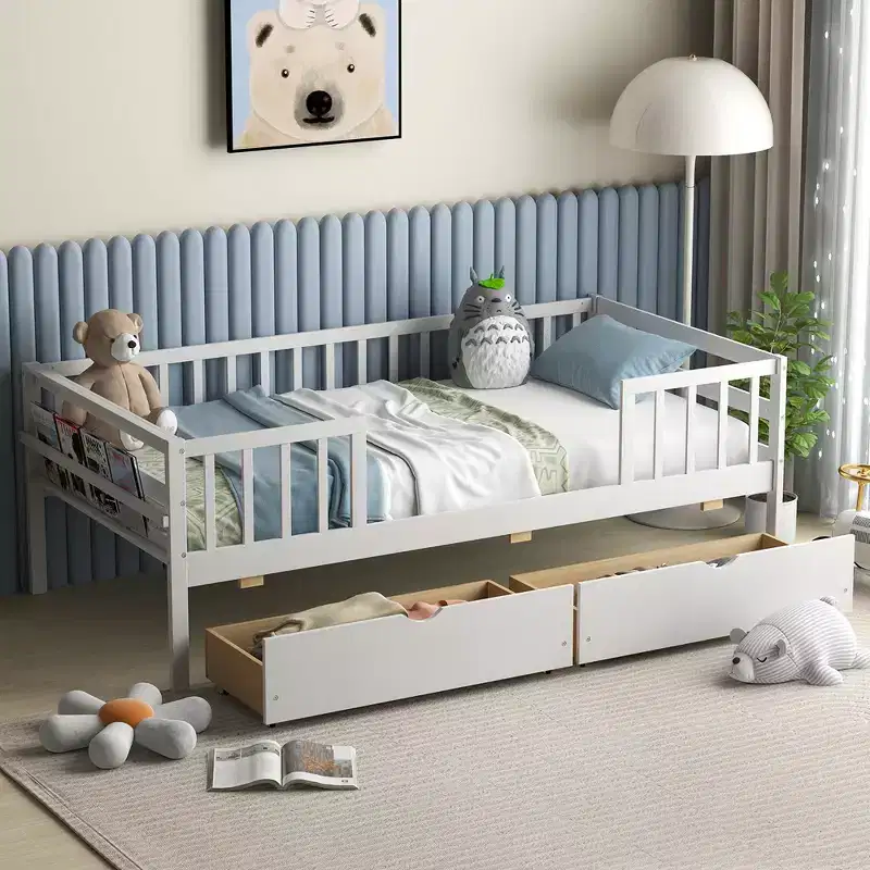 Twin Size Kids Bed w/ Storage Drawers & Side Shelf for Children & Teens