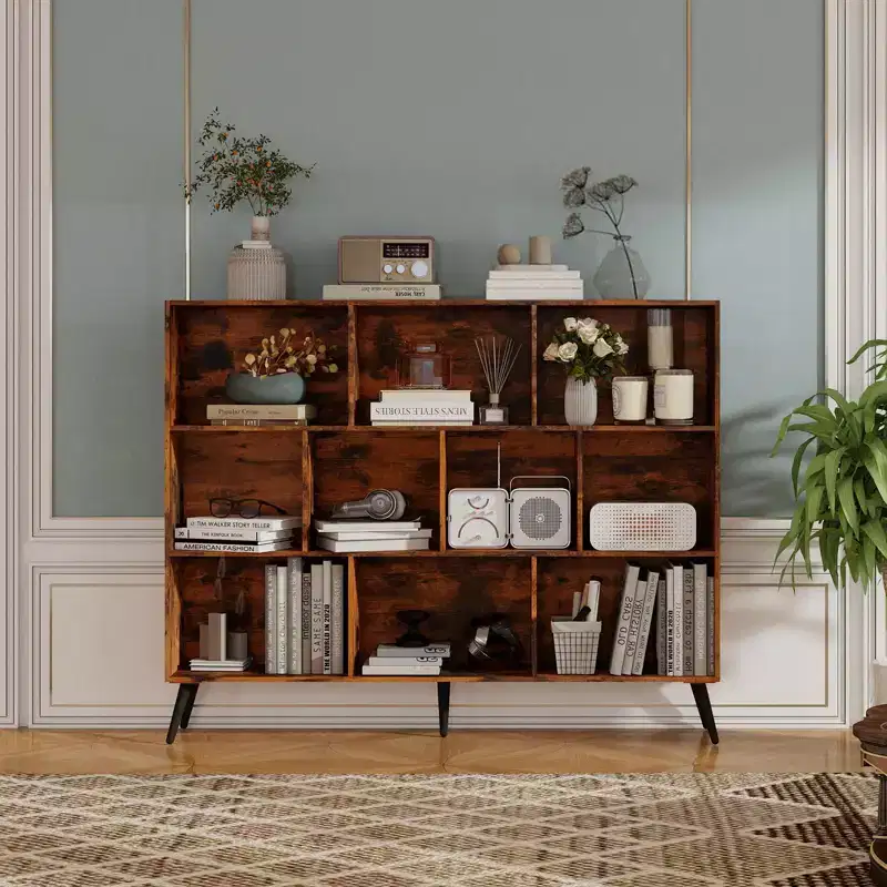 Wooden 3 Tier 10 Cube Bookshelf with 5 Iron Legs for Home Office, Living Room, Bedroom