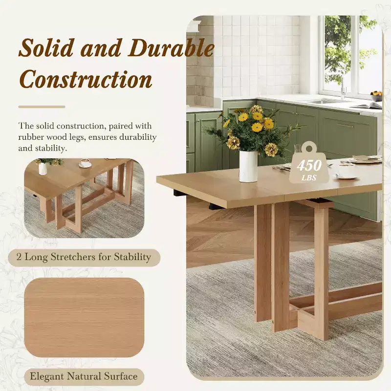 GDFStudio Ebony 82 Extendable Rubberwood Dining Table with Two 12'' Removable Leaves and Trestle Legs