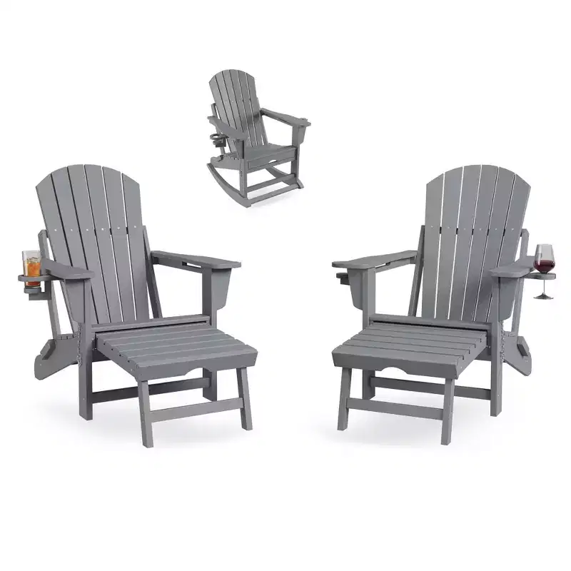 Folding Adirondack Rocking Chair Set  Outdoor Patio Rockers with Retractable Ottoman, Footrest & Cup Holder, Garden Chair for Lawn, Porch  2 Pack