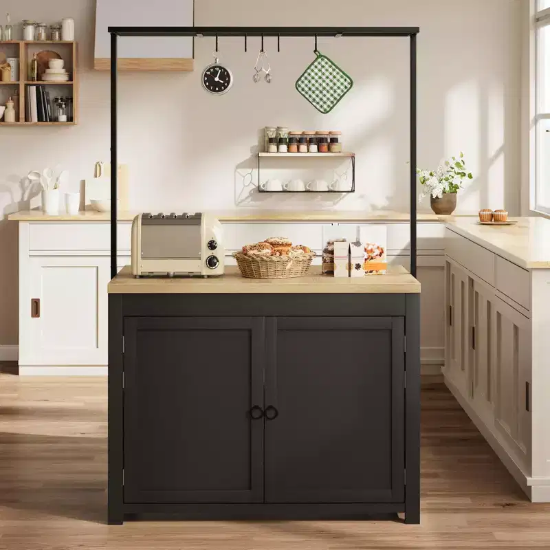 PB Series Panel Island Cabinet: 41 Inches, Vintage White Body with Natural Wood Top, Ideal for Kitchen Storage & Dining Area Use