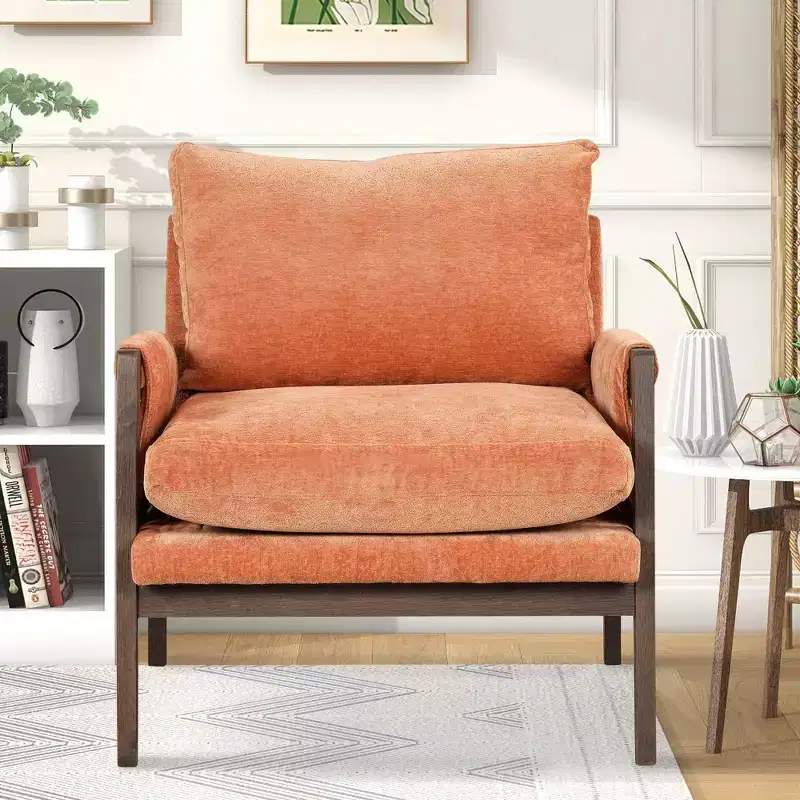 Mid-Century Modern Velvet Accent Chair - Plush Armchair with Solid Rubber Wood Frame