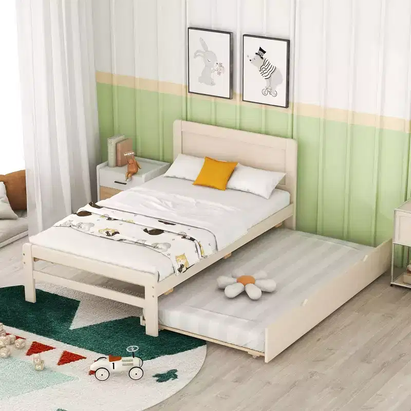 Twin Platform Bed with Trundle – Gray / Walnut / White Washed, Sleeps 2