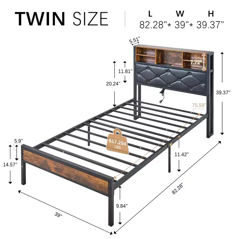 VECELO Twin/Full/Queen Size Metal Platform Bed, Bed Frame with Headboard & Footboard, LED Lights and USB Charging Station, Brown