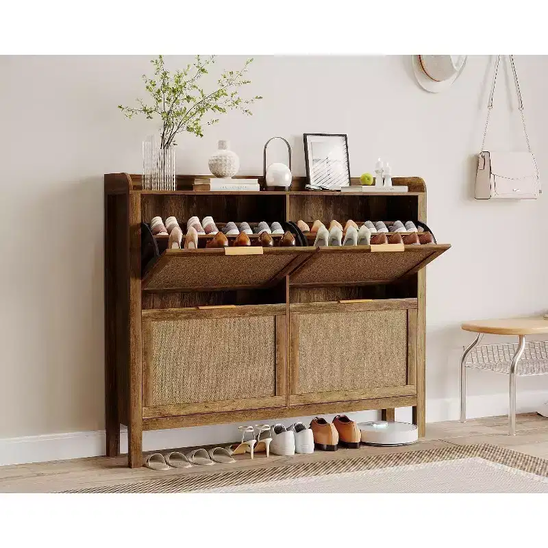 GustoWave Narrow Rattan Shoe Storage Cabinet with 4 Flip-Down Drawers, Brown