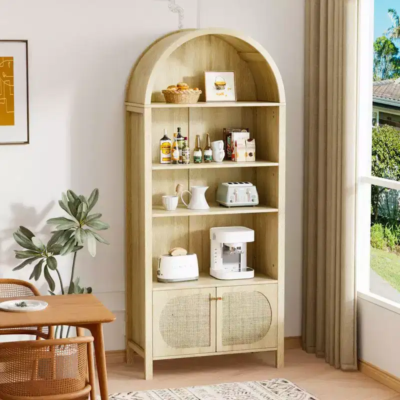 Karl Home Oak Arched with 2 Doors Rattan 3-Shelf Display Cabinet