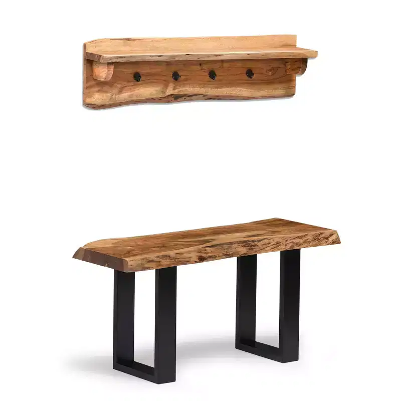 Alaterre Furniture Alpine Natural Brown Live Edge 36 Bench with Coat Hook Shelf Set Metal And Wood
