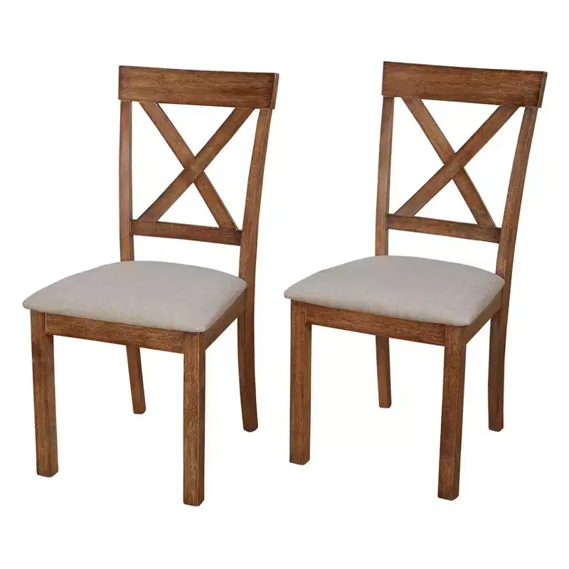 Set of 2 Farmhouse Cross Back Dining Chairs – Solid Rubberwood, Beige Linen Seat, 250lb
