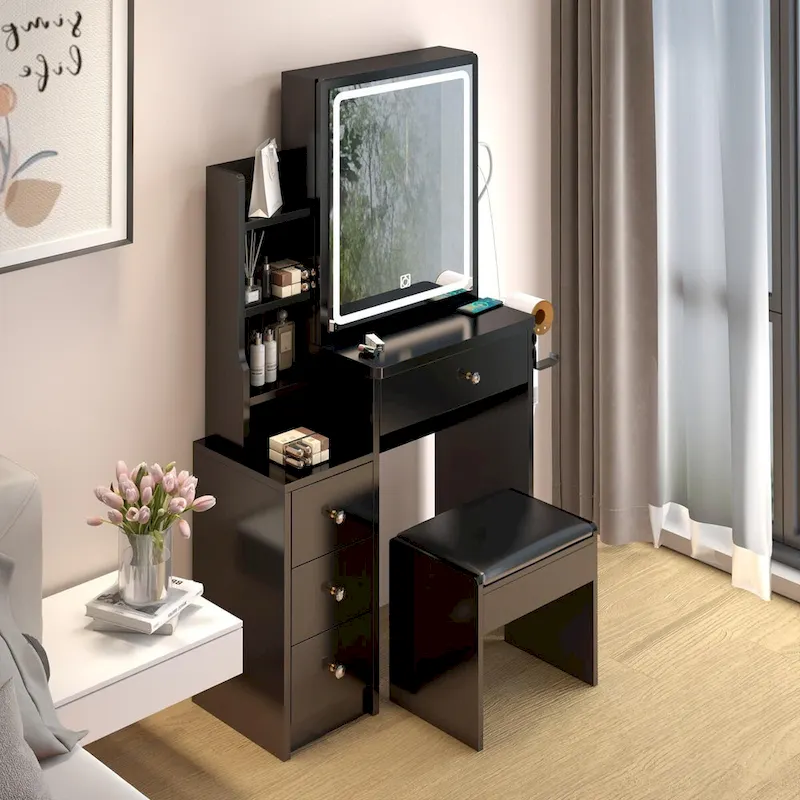 Left Cabinet Makeup Vanity with LED Mirror and USB Power Station and Cushioned Stool