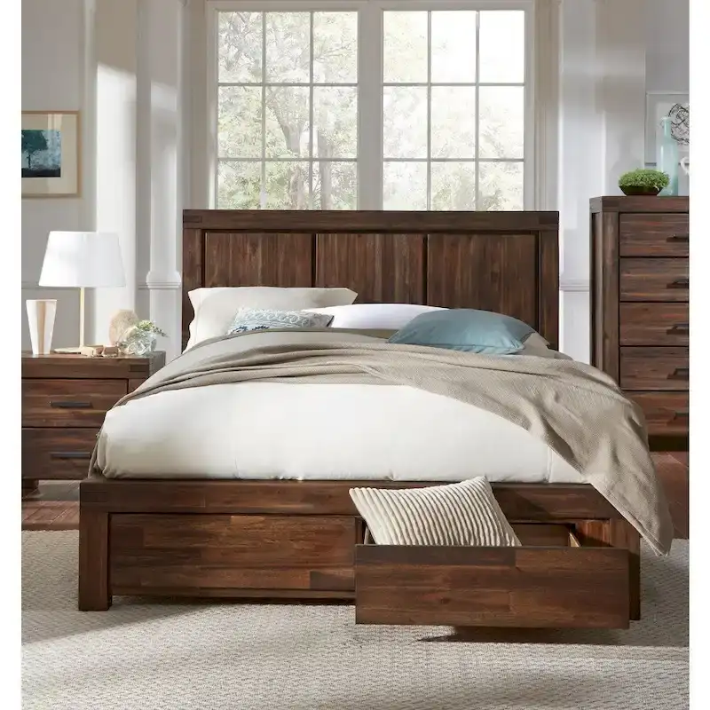 Solid Wood Footboard Storage Bed in Brick Brown