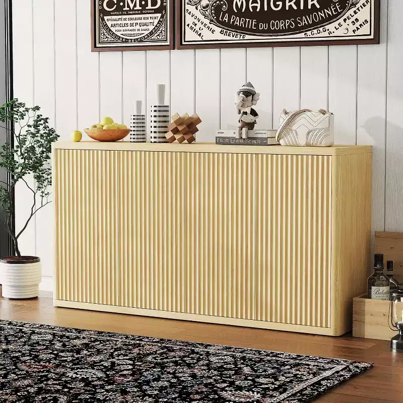 66.3 Fluted Buffet Cabinet with Storage, Wide Sideboard Cabinet with 4 Doors & Adjustable Shelves, for Kitchen, Entryway, Living Room