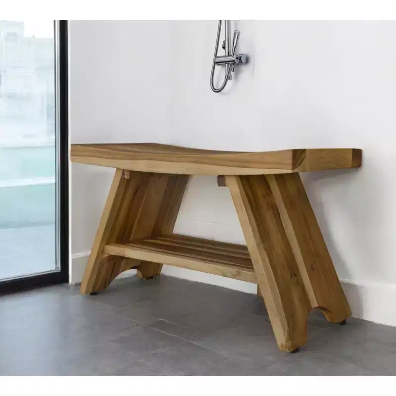 HomeRoots 35 Teak Rectangular Shower Outdoor Bench With Shelf In Natural Finish