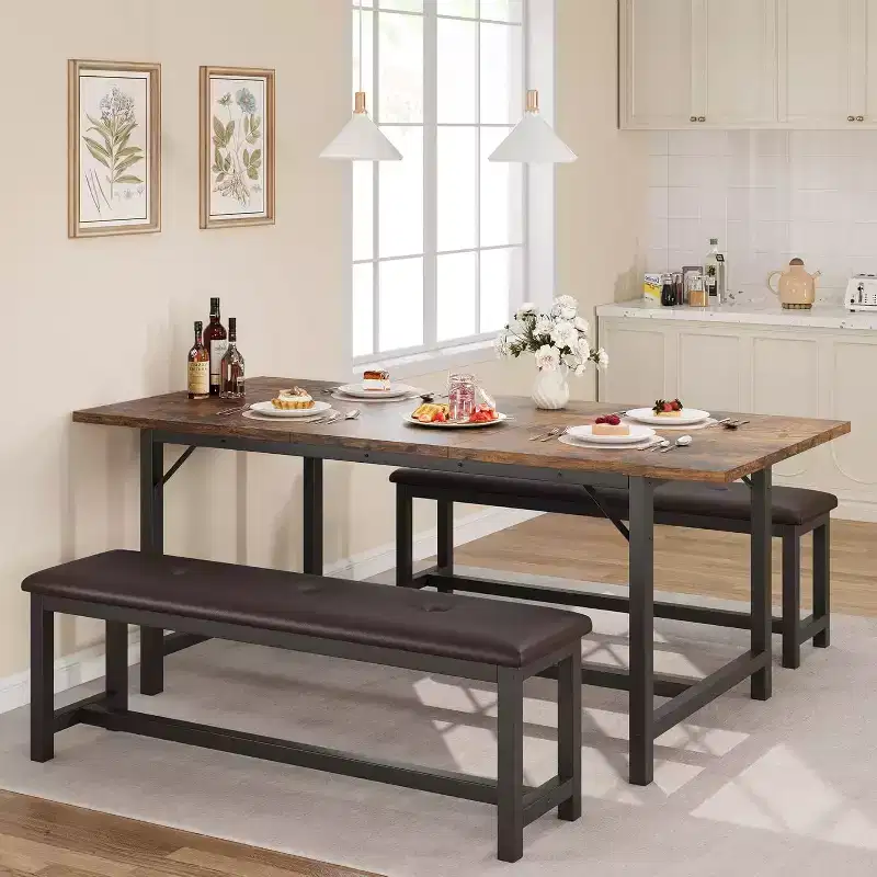 3 Piece Dining Table Set for 4-6, 47-63 Large Extendable Kitchen Table with 2 Upholstered Benches, Brown