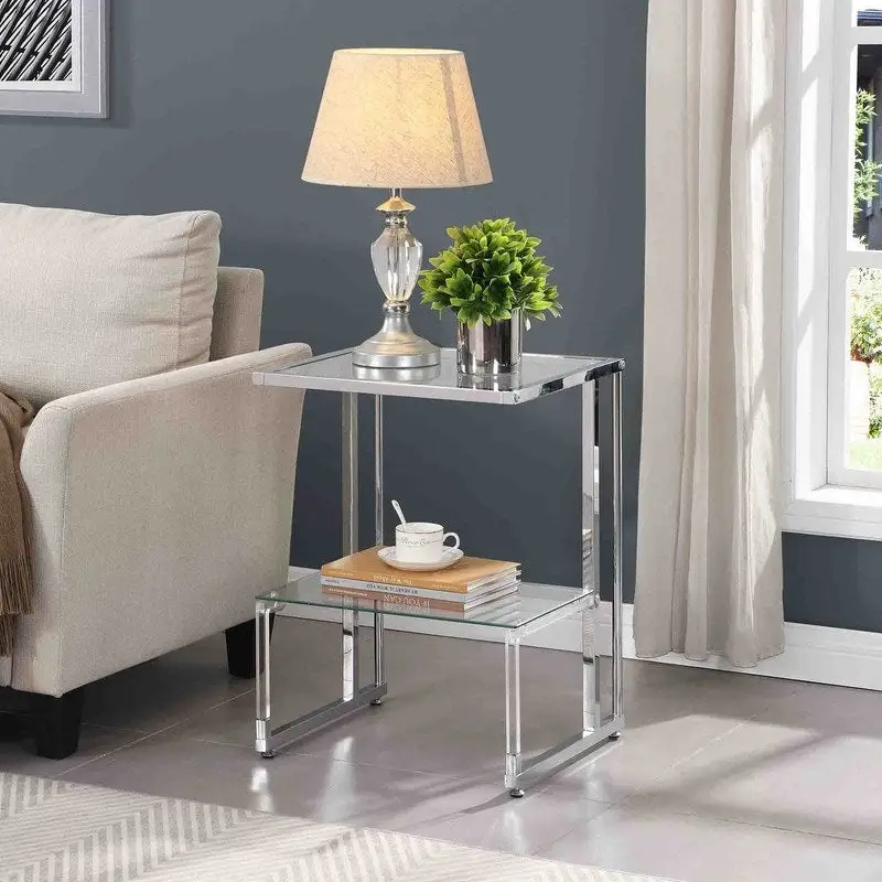 2-Tier End Table with Tempered Glass Shelves & Geometric Metal Frame