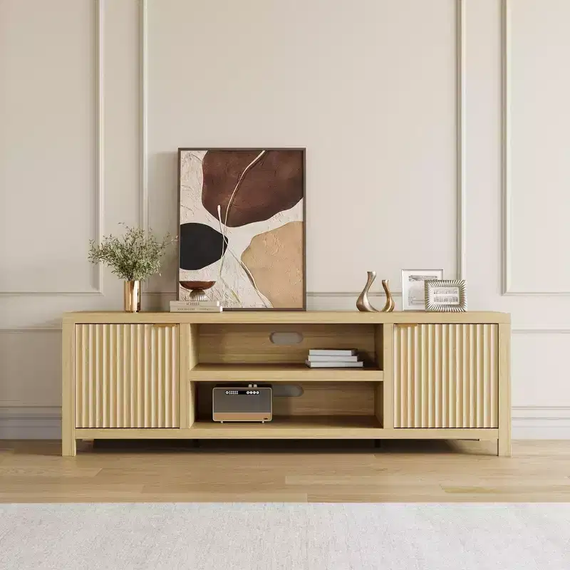 Fluted TV Stand for 80 in, Modern Entertainment Center with Storage, Wooden Media Console Cabinet with Fluted Door and Gold Handle, Natural Oak