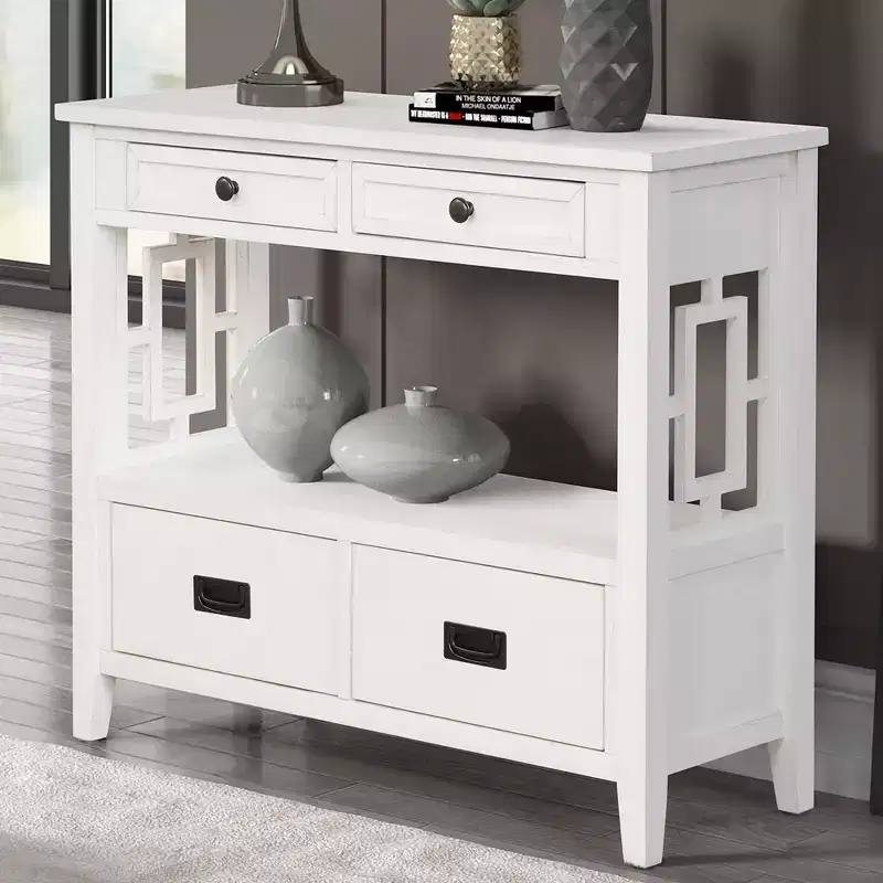 GDFStudio Overton Vintage Solid Wood Console Table with 4 Drawers and Open Shelf