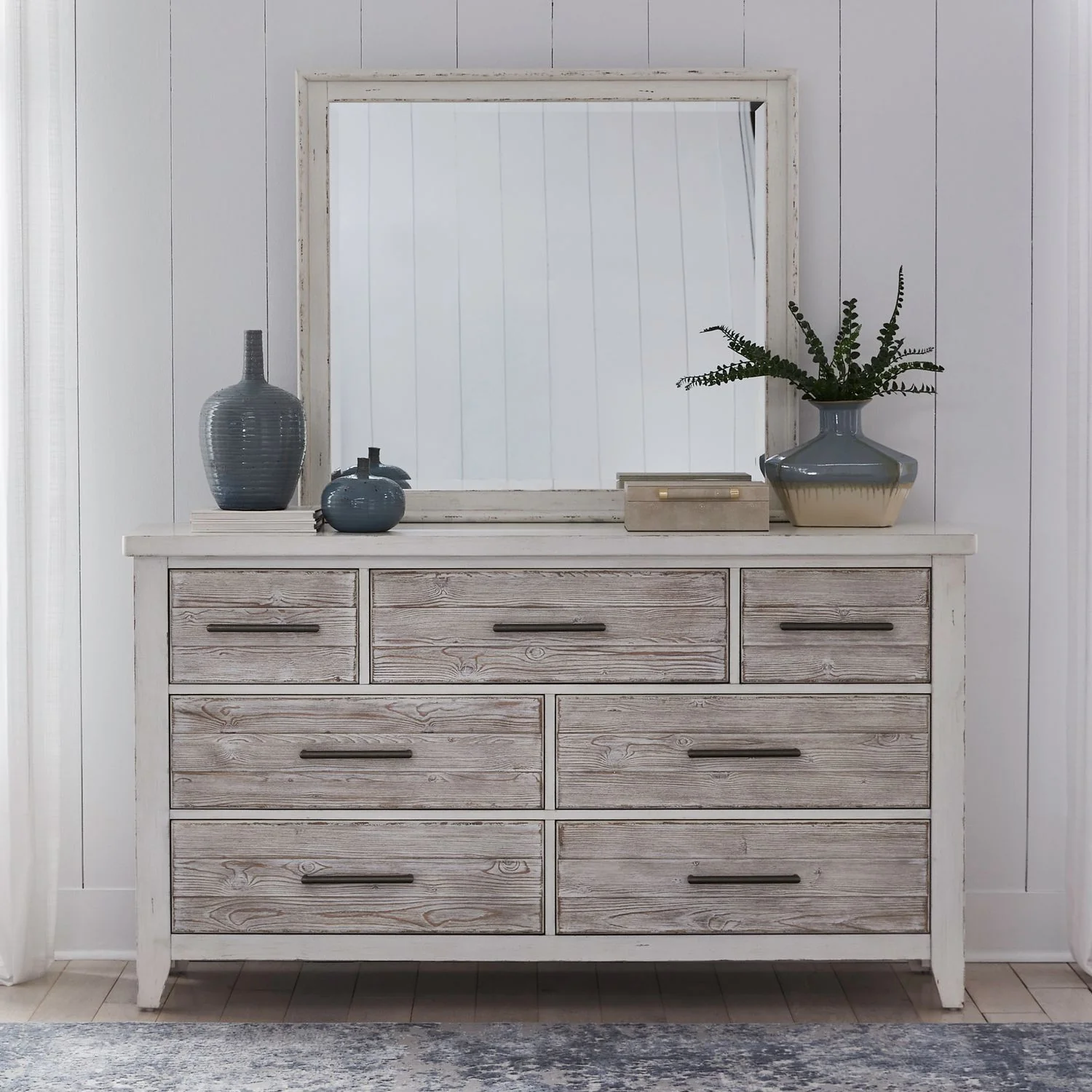 Dresser & Mirror - Weathered White — expresses a simple essence with comfortable styling