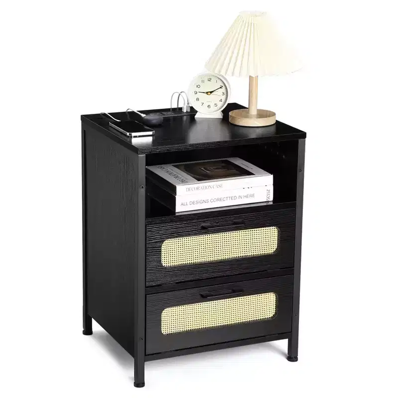 Nightstand with USB Ports and Outlets, Rattan Decorated Doors & Open Shelf, Bedroom Living Room Office,