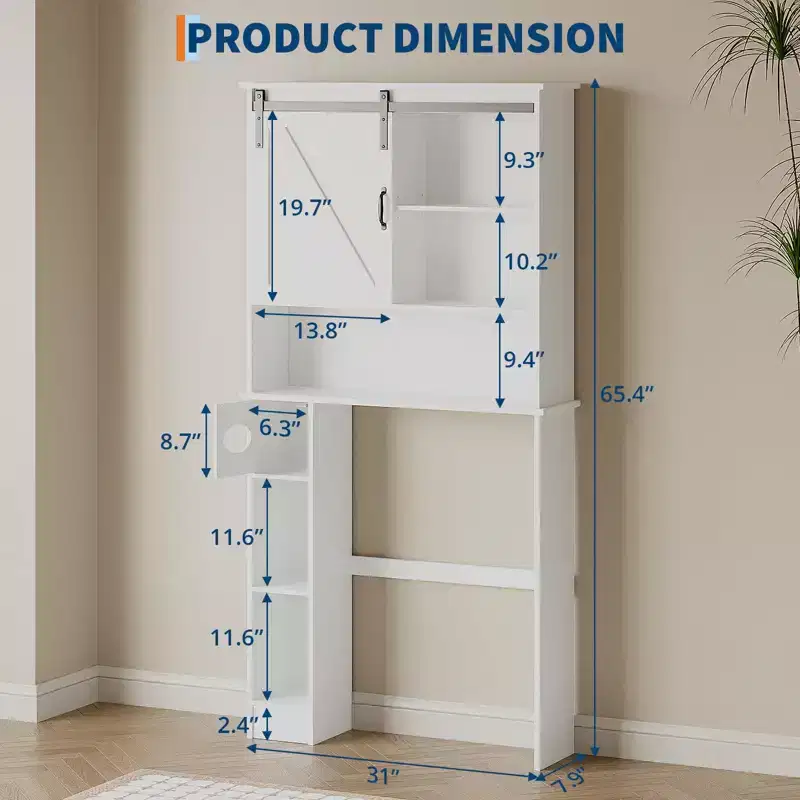 Over-Toilet Storage Cabinet – 2 Sliding Barn Doors, 6 Shelves & Toilet Paper Holder, White