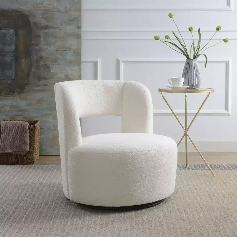 Okak Modern Upholstered Swivel Barrel Chair with Curved Design,Soft Teddy Round Accent Chair for Living Room,Bedroom
