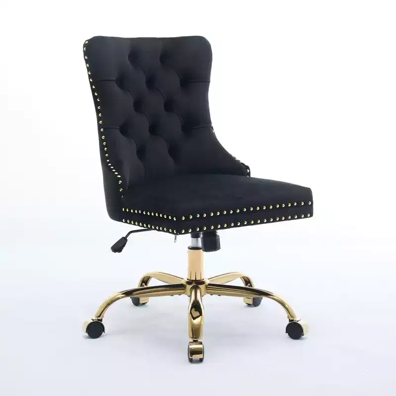 Adjustable Desk Chair Swivel Office Chair, Modern Velvet Upholstered Tufted Button Home Office Chair with Golden Metal Base (Black)