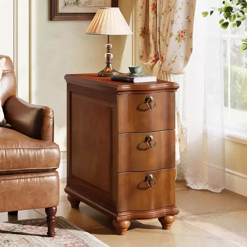 Wood Fully Assembled End Table, 3-Drawers Narrow Slim Side Table, Nightstand for Bedside, Small Spaces, Living Room, Bedroom, Walnut Brown