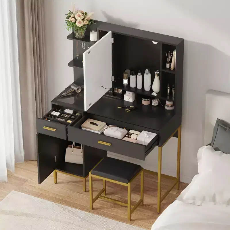 Makeup Vanity with Power Outlet, Vanity Desk with Mirror and Lights, Makeup Vanity Table with 2 Drawers, 9 Open Shelves& 2 Cabinets, Dressing Table