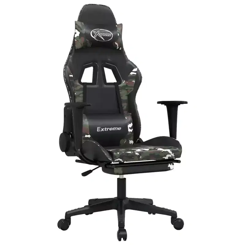 vidaXL Adjustable Gaming Chair with Footrest - Black and Camouflage, Faux Leather Upholstered Seat, Sturdy Frame, 360 Swivel Design