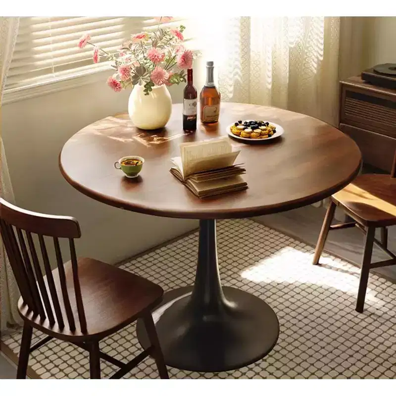 MAYEERTY Modern Walnut Round Coffee Table MDF Top and Steel Base Tulip Round Kitchen Table
