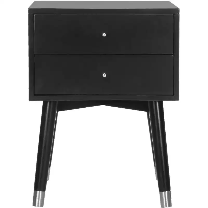 Retro Mid-Century 2-Drawer Nightstand, Navy with Gold Metallic Accents and Splayed Legs