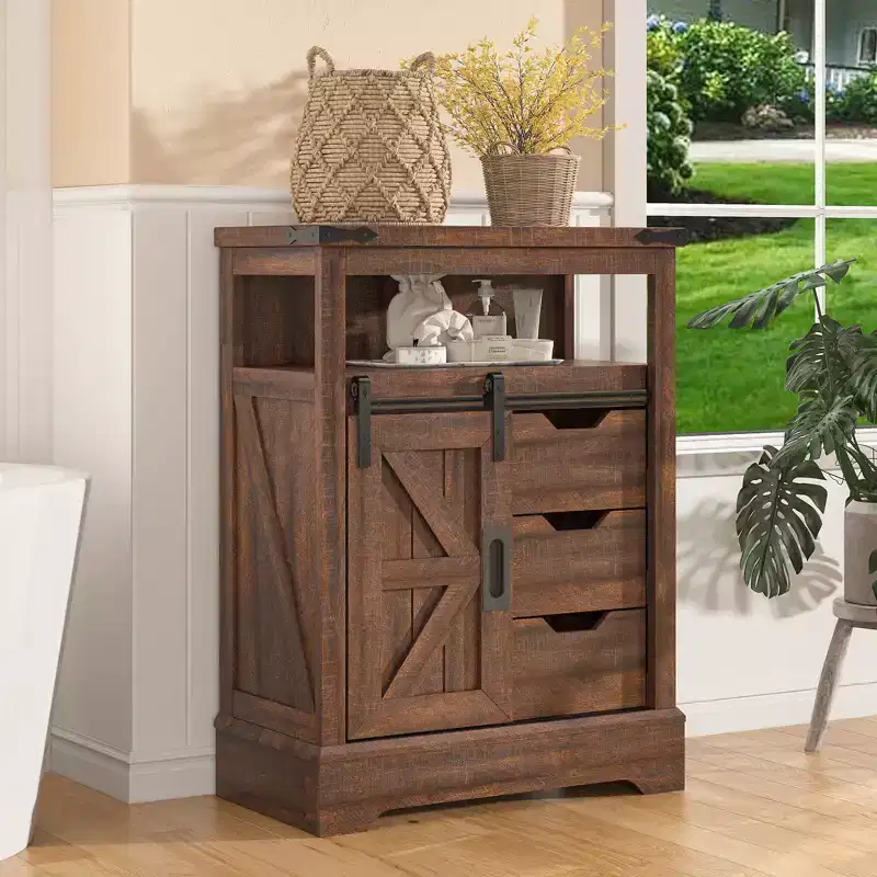 AMERLIFE Farmhouse Bathroom Floor Cabinet with Sliding Barn Door