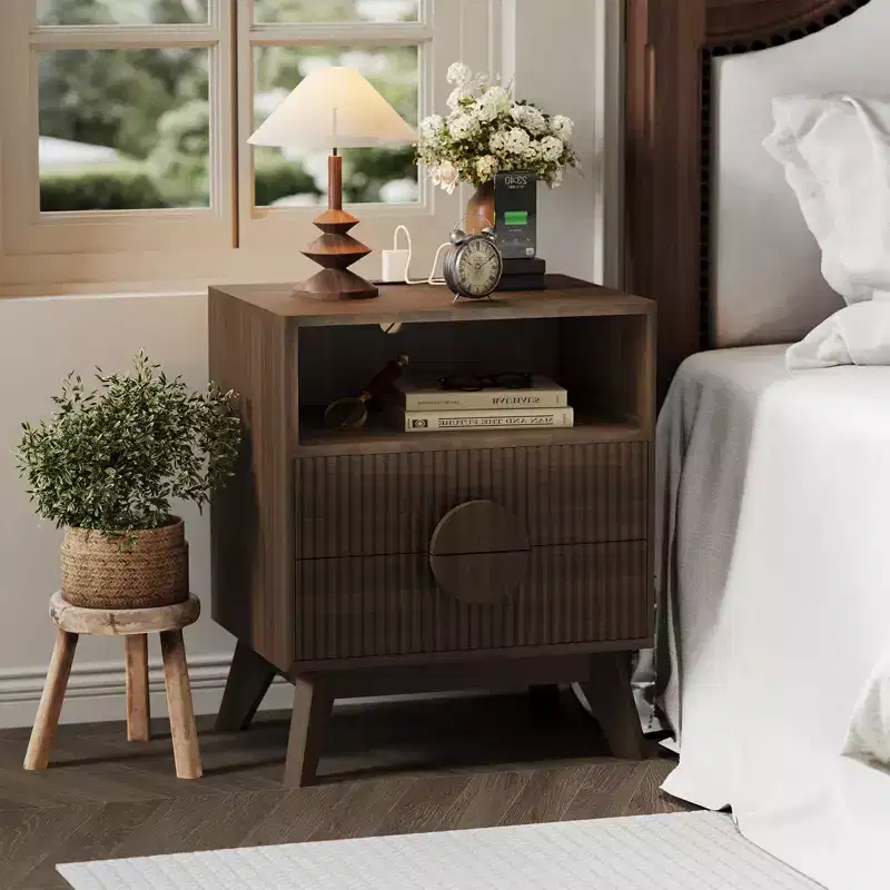Modern Fluted Night Stand , Wood Nightstand Bedside Table End Table , Drawers and Storage Shelf for Living Room Bedroom