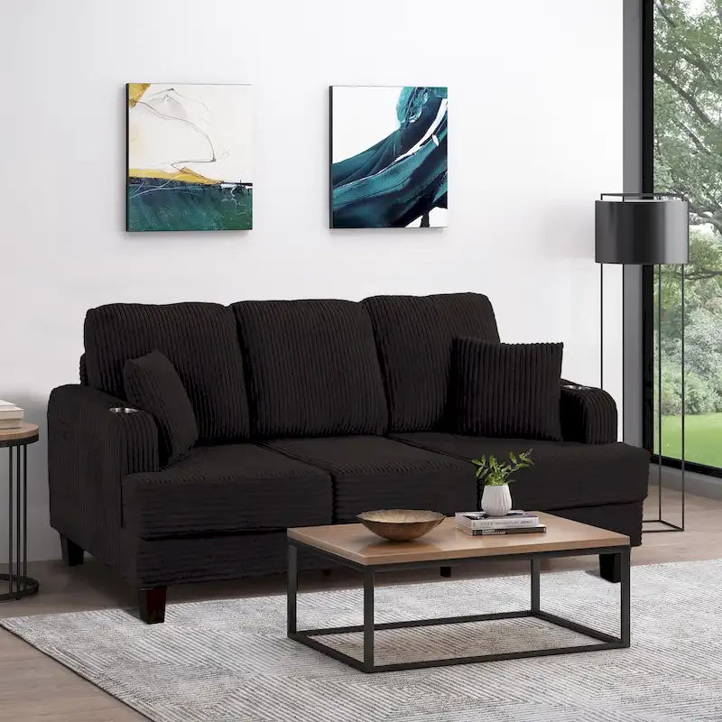 85 Modern Corduroy Rectangle 3-seater Sofa with USB and 2 Pillows