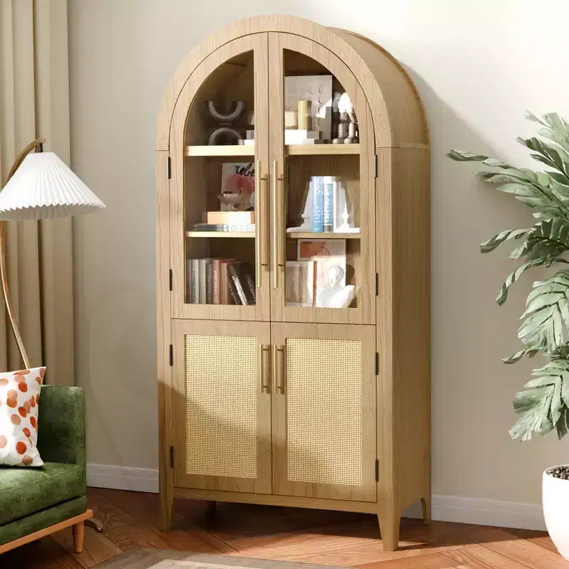 MAYEERTY 63 Tall Arched Storage Cabinets Wood Storage Cabinets with Glass Rattan Door Adjustable Shelf for Living Room Dining Room Natural