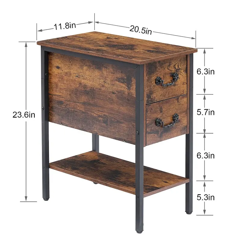 Industrial 2-Drawer Nightstand Narrow End Side Table (Set of 2)